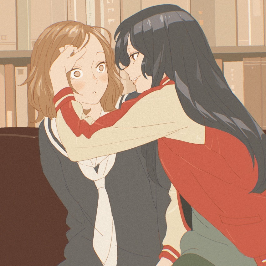 2girls, 55bata6rou, amayo_no_tsuki, black_eyes, black_hair, black_shirt, blush, book