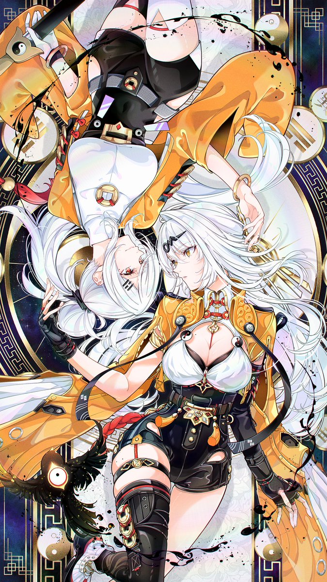 2girls, asymmetrical_gloves, black_gloves, black_thighhighs, boots, bracelet, breasts, cleavage