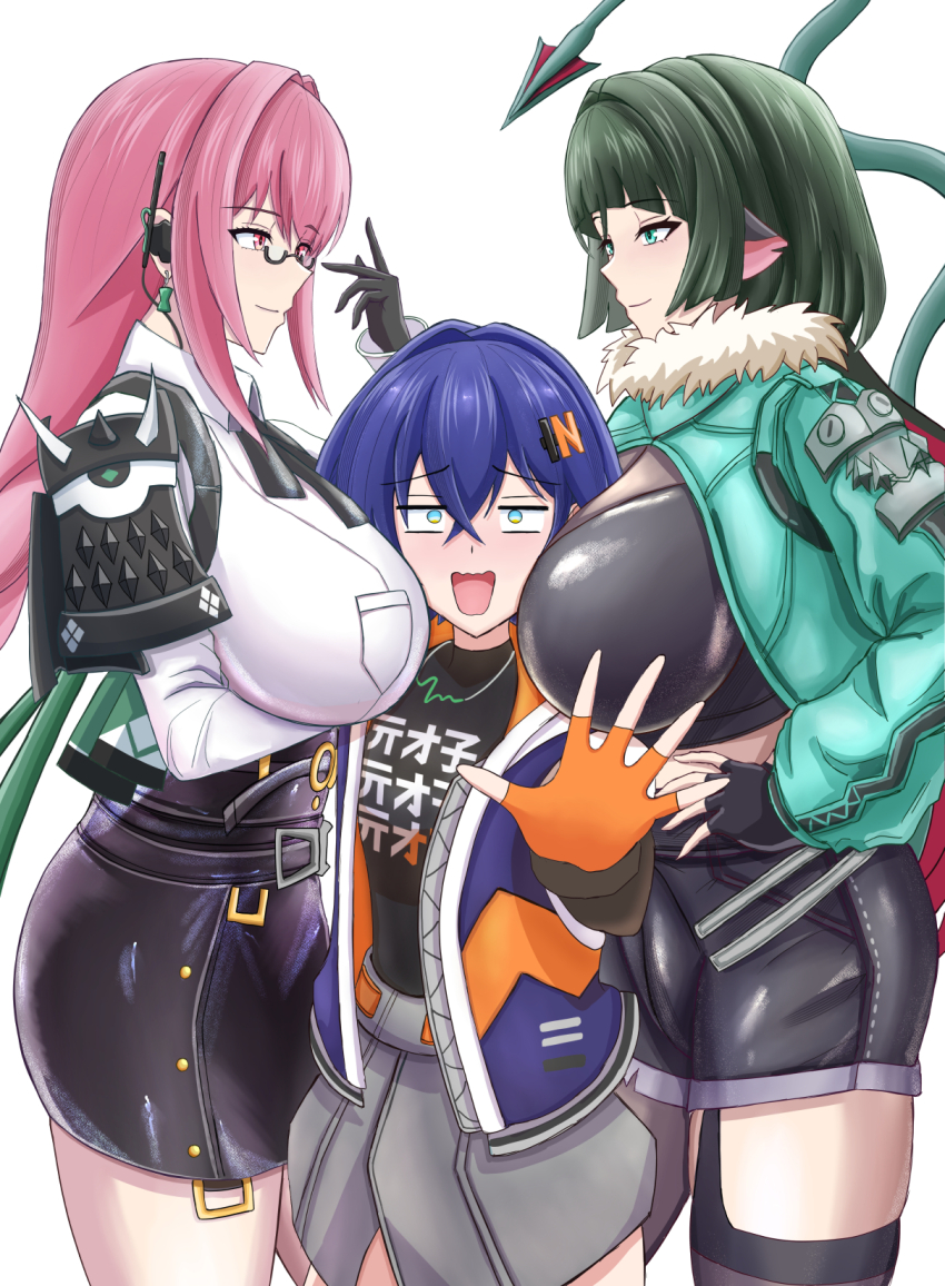 3girls, alternate_hair_color, animal_ears, belle_(zenless_zone_zero), black-framed_eyewear, black_skirt, blue_hair, blush, breasts, earpiece, girl_sandwich, glasses, green_eyes, green_hair, hair_ornament, high-waist_skirt, highres, jane_doe_(zenless_zone_zero), large_breasts, letter_hair_ornament, long_hair, miyabidai, mouse_ears, mouse_girl, mouse_tail, multiple_girls, pink_eyes, pink_hair, sandwiched, short_hair, skirt, tail, tsukishiro_yanagi, yuri, zenless_zone_zero