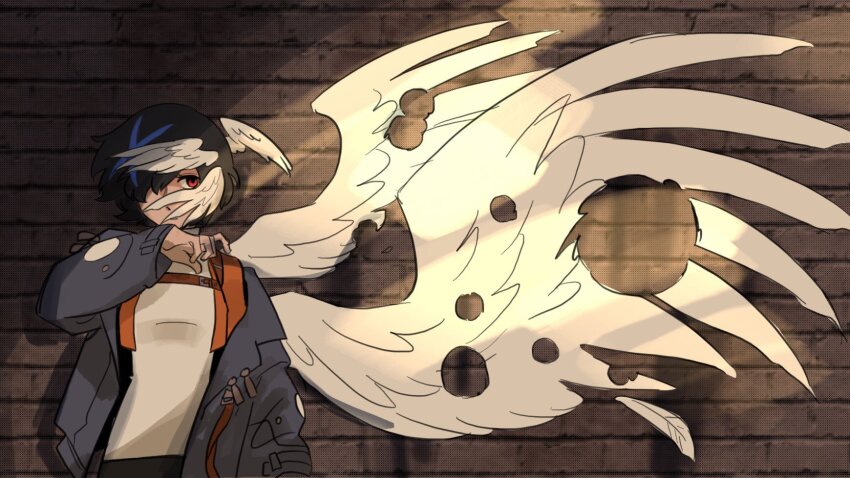 1girl, angel_with_a_shotgun, asymmetrical_wings, black_hair, blue_hair, blue_jacket, blue_streaks, bullet_hole