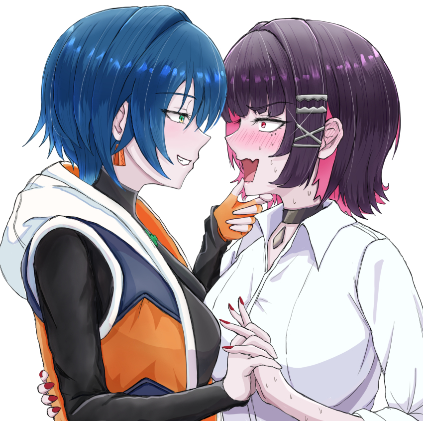 2girls, belle_(zenless_zone_zero), black_hair, blue_hair, blush, colored_inner_hair, ear_blush, earrings