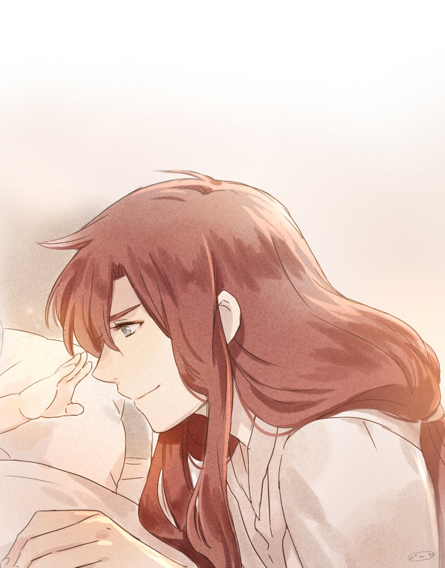 2boys, aged_down, baby, blue_eyes, eyeliner, from_side, long_hair, makeup