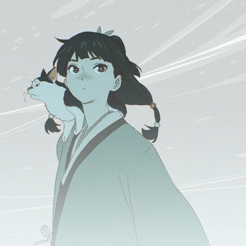 1girl, 55bata6rou, animal, animal_on_shoulder, black_eyes, blunt_bangs, calico_(pattern), calico_cat