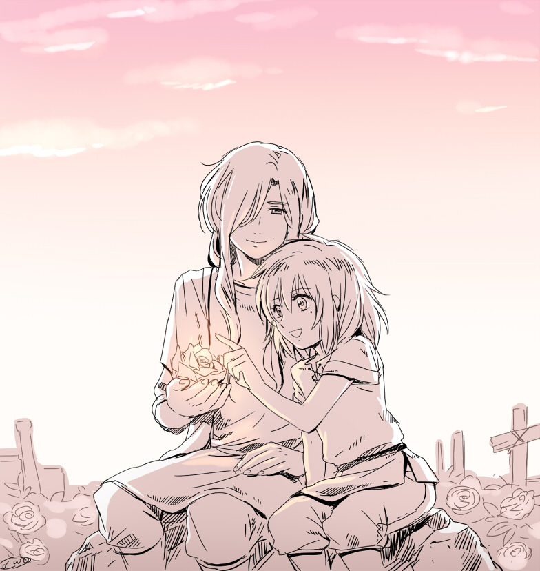 2boys, aged_down, alternate_costume, child, cross, evening, florakinesis, flower