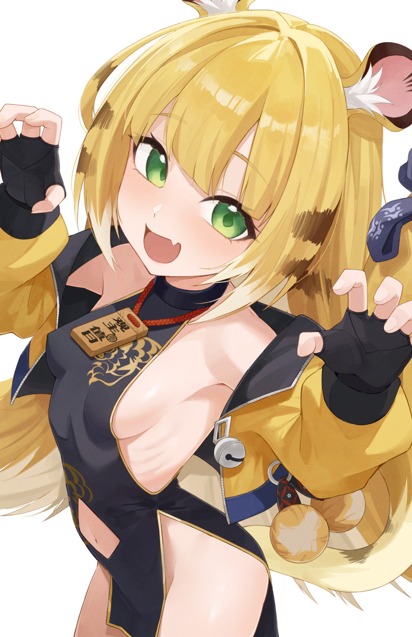 1girl, absurdres, animal_ear_fluff, bell, black_dress, black_gloves, blonde_hair, breasts