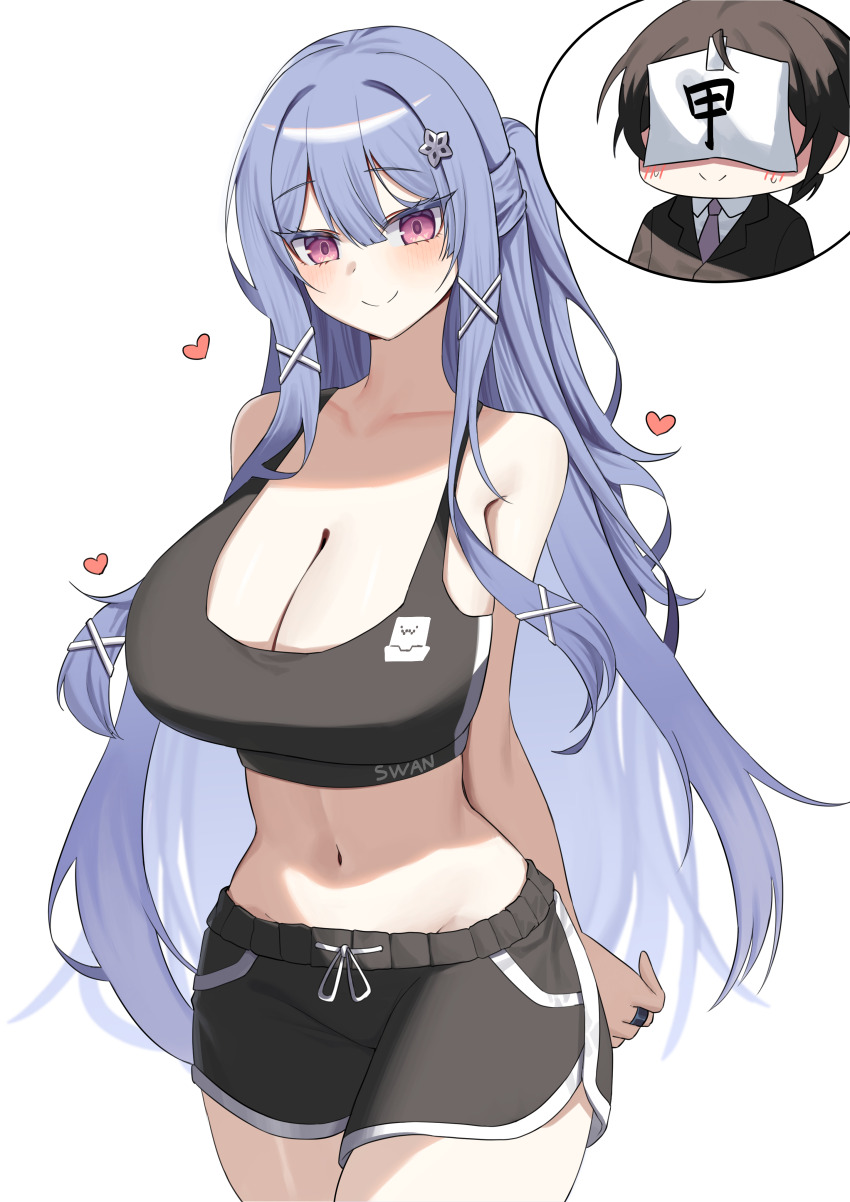 1boy, 1girl, absurdres, administrator_(counter:side), bare_arms, bare_shoulders, black_shirt, black_shorts