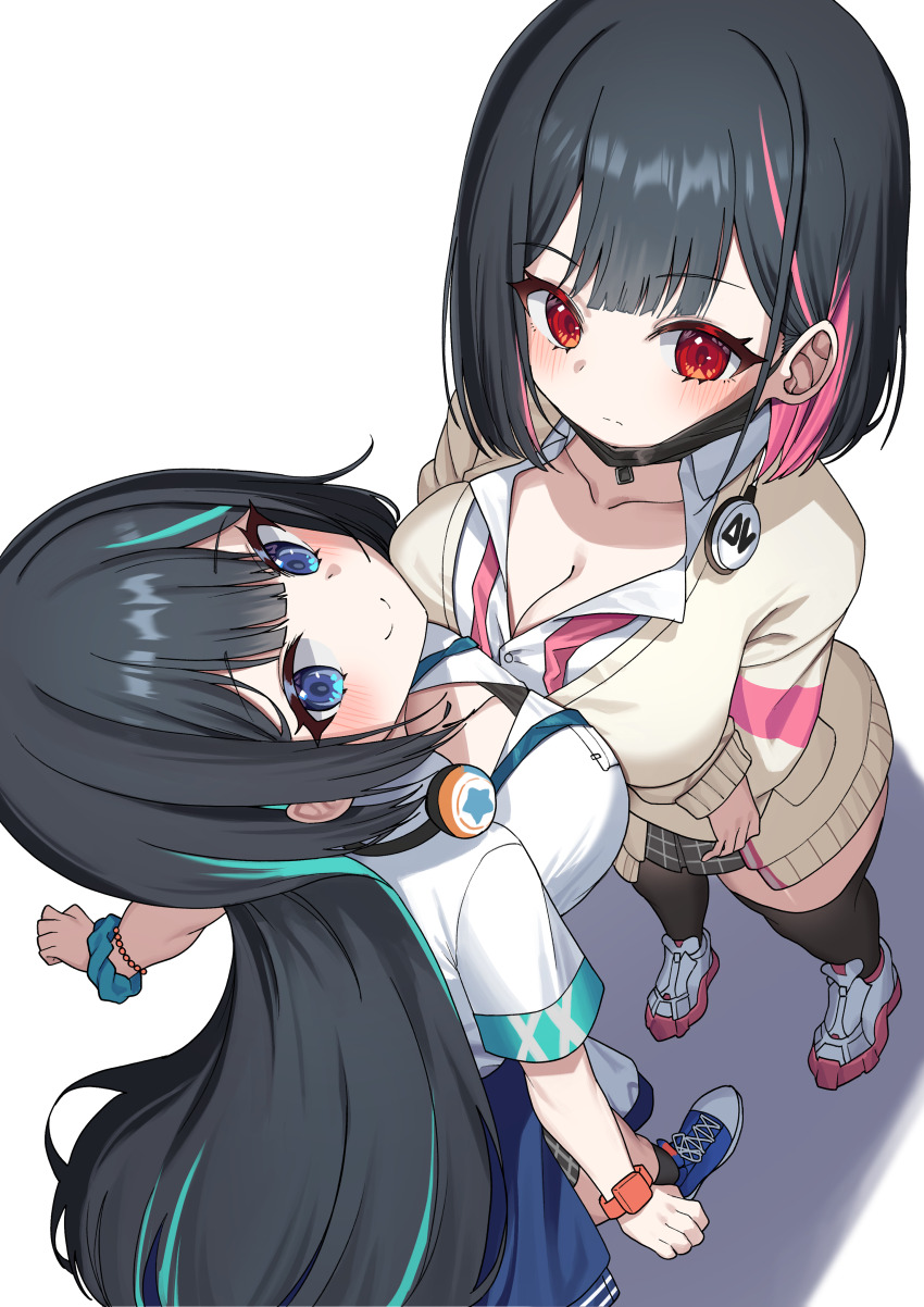 2girls, absurdres, black_hair, black_survival, black_thighhighs, blue_eyes, breast_press, breasts