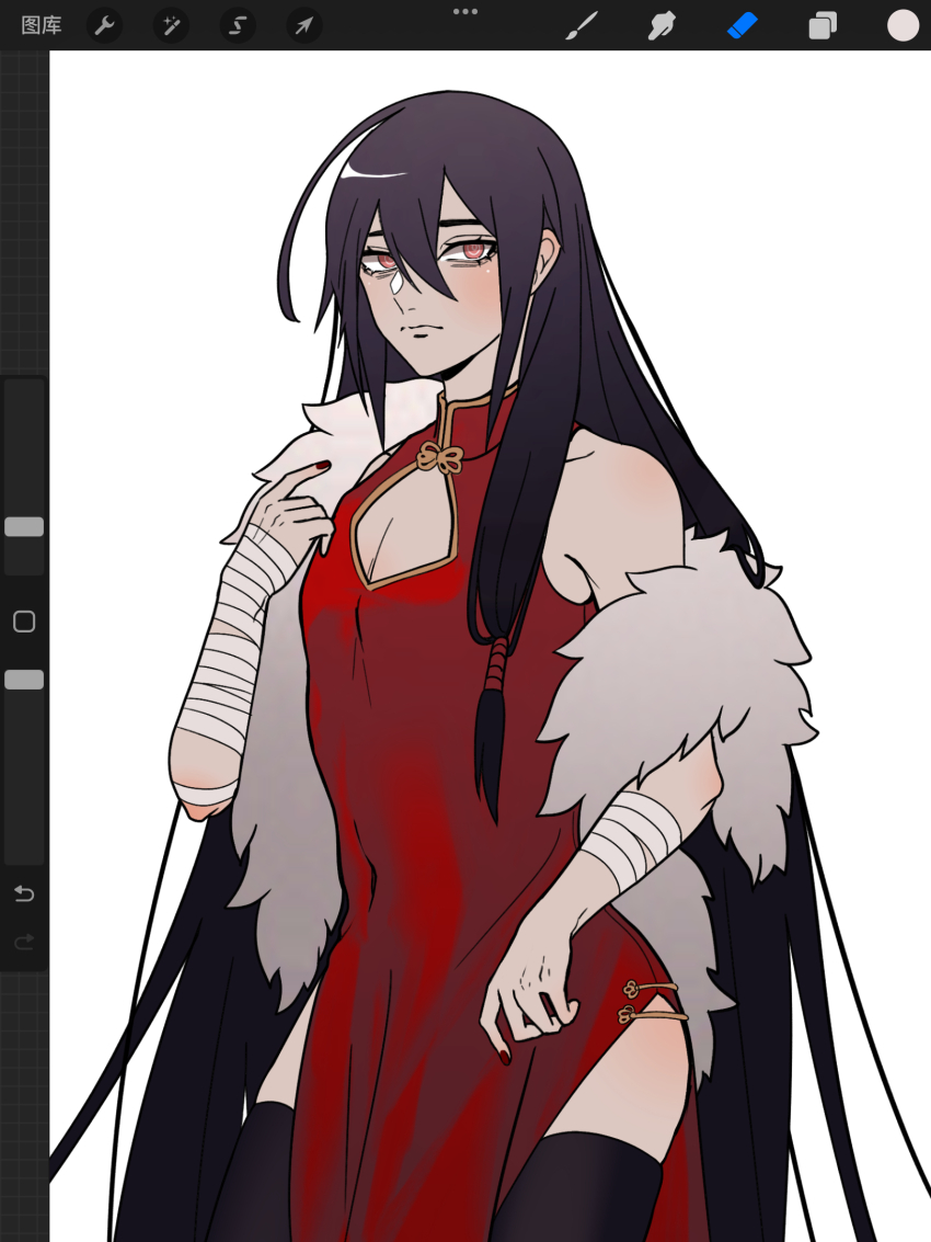 1boy, alternate_costume, alternate_hair_length_(longer), art_tools_in_frame, bandaged_arm, bandages, bare_shoulders, black_hair, black_thighhighs, blush, breasts, china_dress, chinese_clothes, chinese_commentary, cleavage_cutout, closed_mouth, clothing_cutout, crossdressing, crossdressing_(mtf), dao_gui_yi_xian, dress, eyelashes, fur_scarf, hair_between_eyes, highres, ji_zai, li_huowang, long_hair, looking_at_viewer, low-tied_sidelocks, male_focus, nail_polish, official_alternate_hairstyle, pectoral_cleavage, pectorals, pelvic_curtain, red_dress, red_eyes, red_nails, side_slit, sidelocks, simple_background, sleeveless, sleeveless_dress, solo, thighhighs, trap, very_long_hair, white_background, wuzi3742