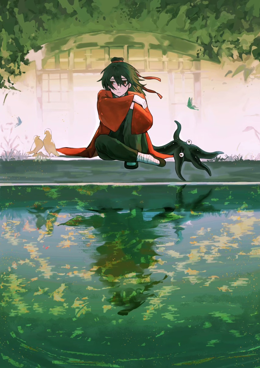 1boy, arm_on_knee, bandaged_foot, bandaged_neck, bandages, benkebuhui, bird, black_hair, black_hanfu, black_pants, black_shoes, bug, butterfly, chinese_clothes, chinese_commentary, closed_mouth, coat, creature, dao_gui_yi_xian, day, eyeball, grass, green_water, hair_between_eyes, hair_bun, hair_ribbon, hanfu, highres, insect, knee_up, leaf, li_huowang, li_sui_(tentacles), long_hair, long_sleeves, looking_at_viewer, male_focus, outdoors, pants, plant, pond, red_coat, red_eyes, red_ribbon, reflection, reflective_liquid, ribbon, shoes, single_hair_bun, sitting, solo, tentacles, tree, water, wide_sleeves, wind