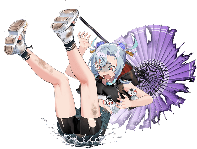 1girl, black_shirt, blue_eyes, blue_hair, braid, burnt_clothes, falling, grey_skirt