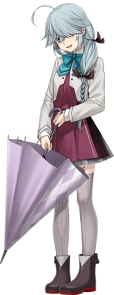 1girl, ahoge, black_ribbon, boots, bow, bowtie, braid, brown_eyes, fujikawa, full_body, grey_hair, grey_thighhighs, hair_over_eyes, hair_ribbon, hamanami_(kancolle), hamanami_kai_ni_(kancolle), jimiko, kantai_collection, long_hair, long_sleeves, mojyo, official_art, ribbon, rubber_boots, school_uniform, shirt, single_braid, solo, thighhighs, transparent_background, umbrella, white_shirt