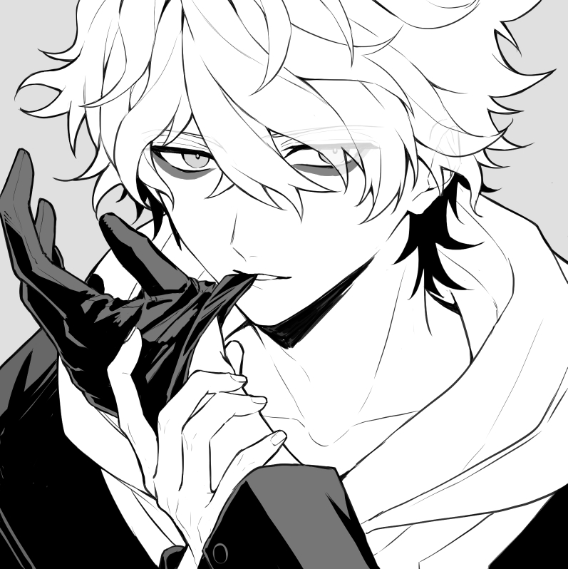 2boys, aoyama_kazuki, bags_under_eyes, biting, biting_glove, gloves, greyscale, holding_another's_wrist