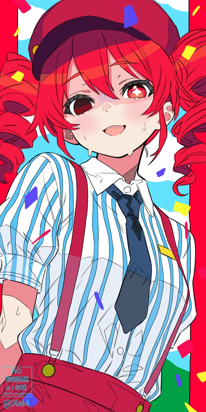 +_+, bad_link, blue_necktie, collared_shirt, drill_hair, hat, highres, kasane_teto