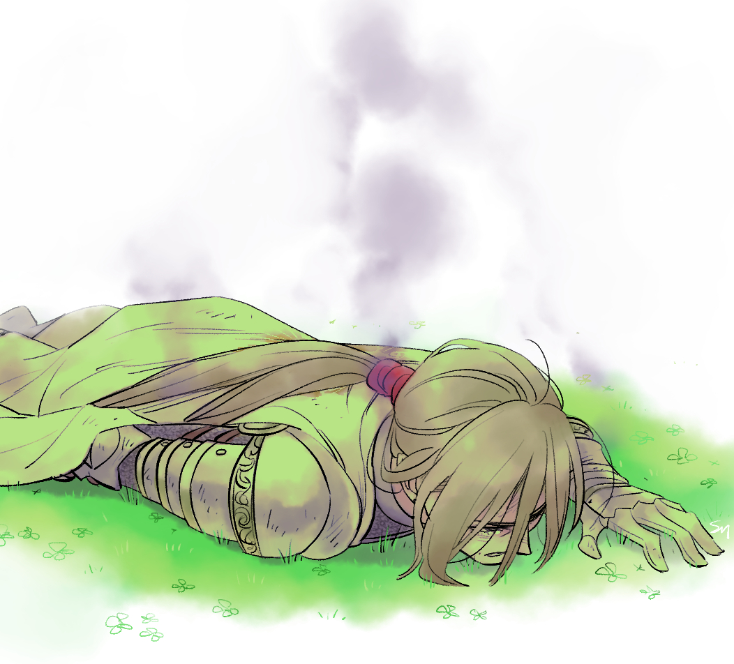 1boy, armor, blonde_hair, cape, clenched_teeth, colored_smoke, commentary_request, crying