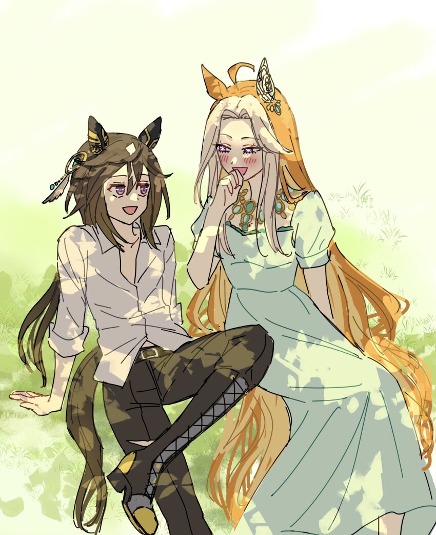 2girls, ahoge, animal_ears, belt, boots, brown_hair, collarbone, collared_shirt