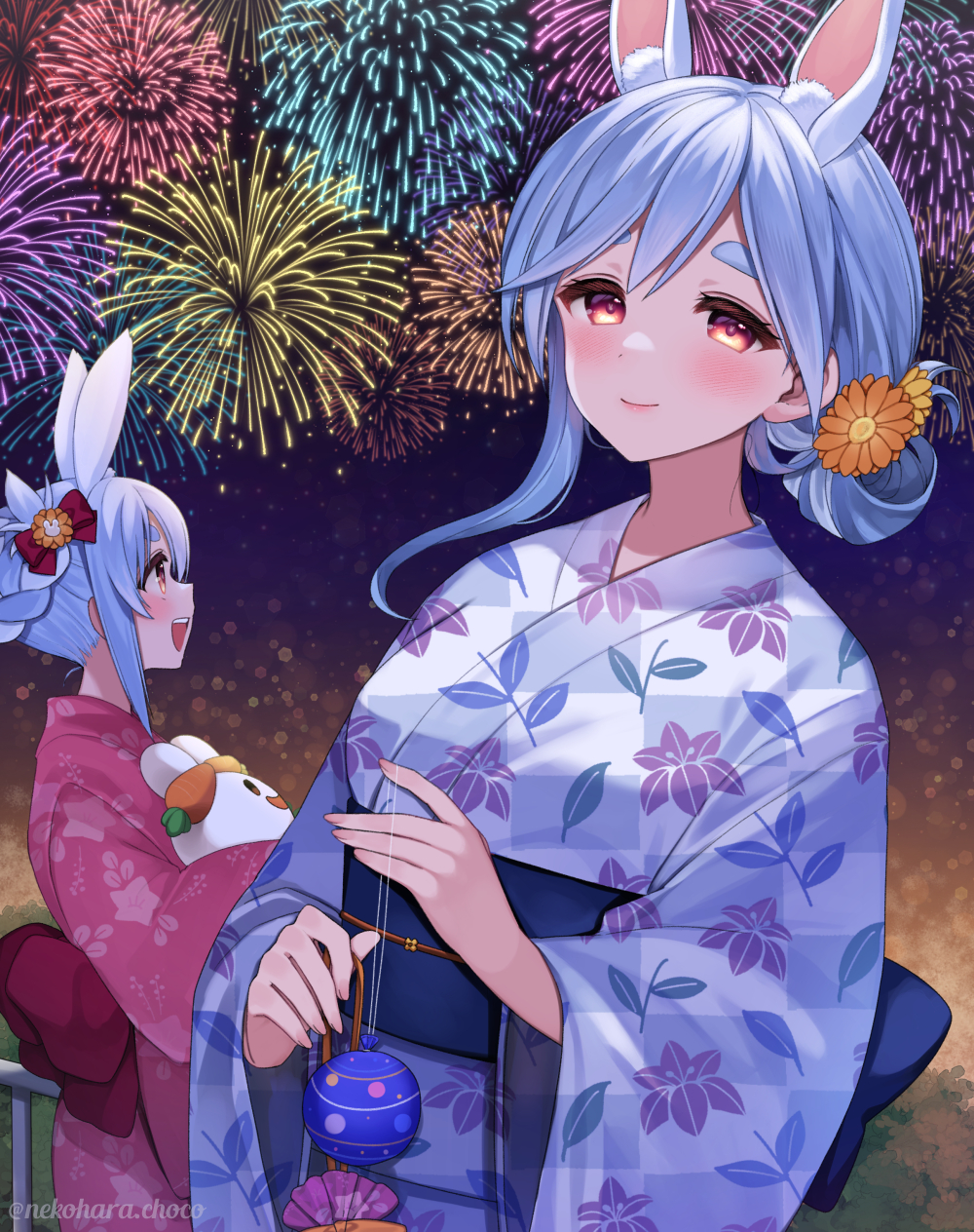 2girls, aerial_fireworks, alternate_costume, alternate_hairstyle, animal_ears, blue_hair, closed_mouth, double_bun