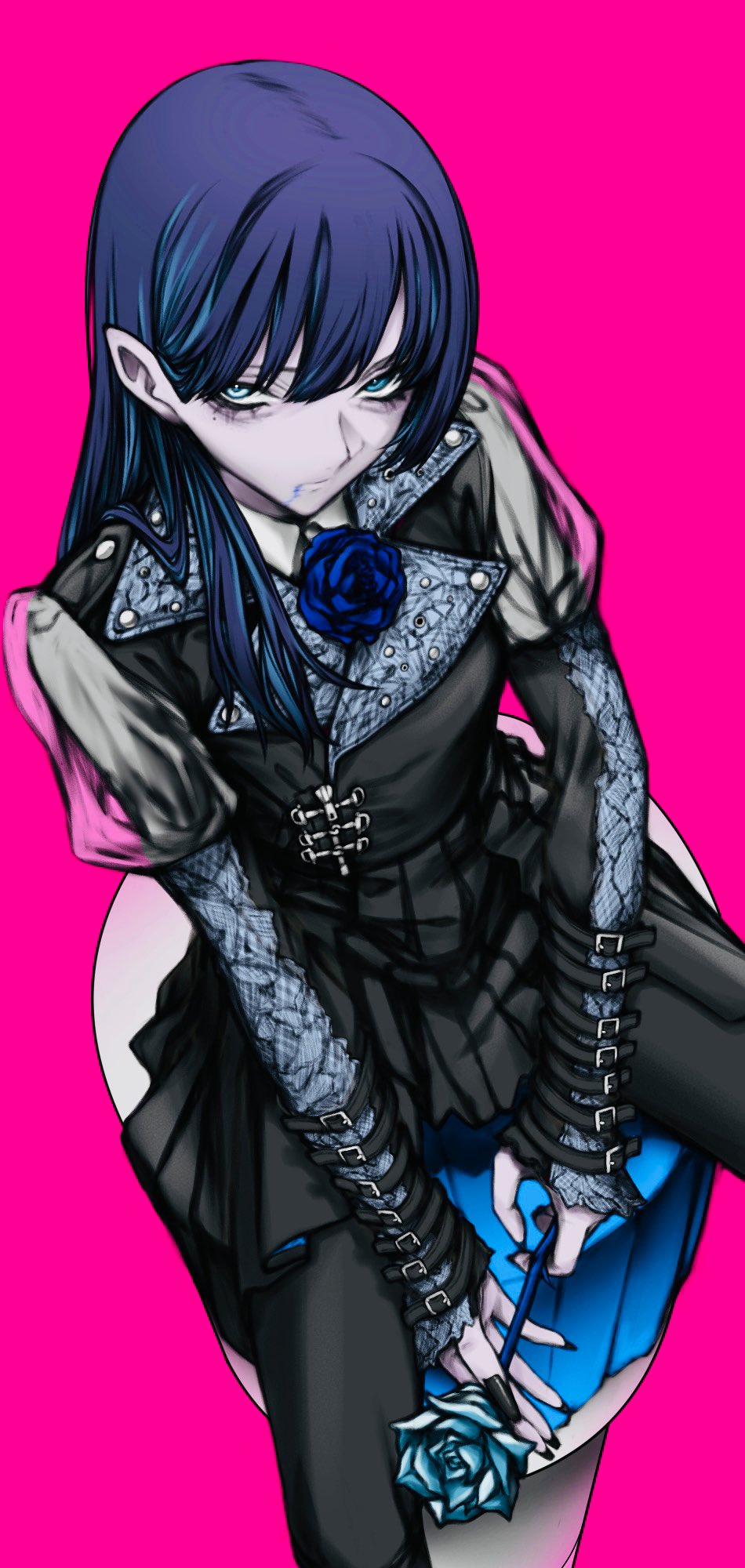 1girl, ado_(utaite), aegyo_sal, black_dress, black_pants, blue_eyes, blue_flower, blue_hair