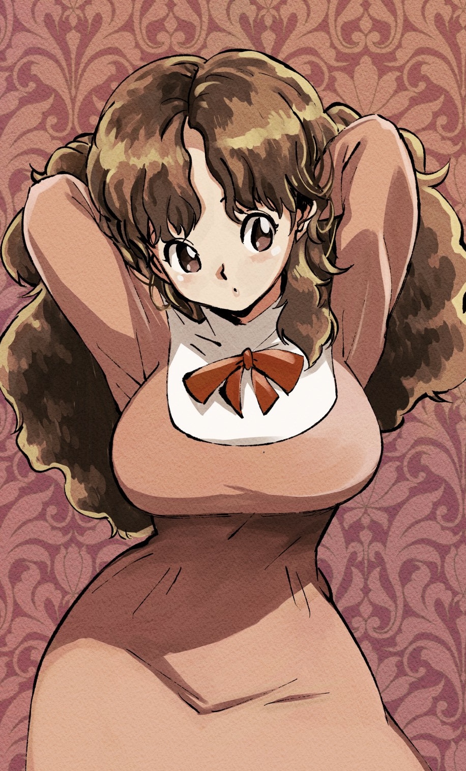 1girl, arms_up, blush, bow, breasts, brown_eyes, brown_hair, dress