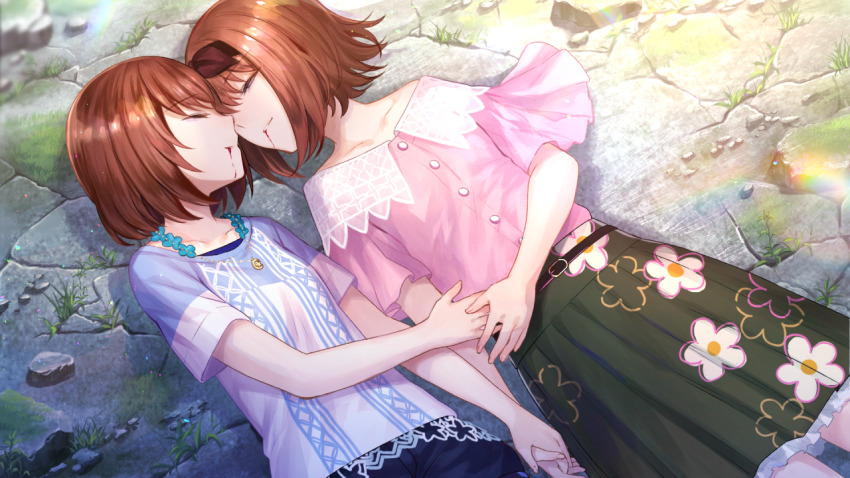 2girls, bare_shoulders, black_hairband, blood, blood_from_mouth, blue_shirt, blue_shorts, bob_cut, closed_eyes, collarbone, crack, cracked_floor, double_suicide, game_cg, green_skirt, hairband, holding_hands, implied_death, incest, lying, medium_skirt, multiple_girls, non-web_source, off-shoulder_shirt, off_shoulder, official_art, on_back, otori_ai, parted_lips, pink_shirt, pleated_skirt, self-datamine, shirt, short_hair, short_sleeves, shorts, skirt, spoilers, suicide, yanagiya_kokoro, yumeutsutsu_re:master, yuri