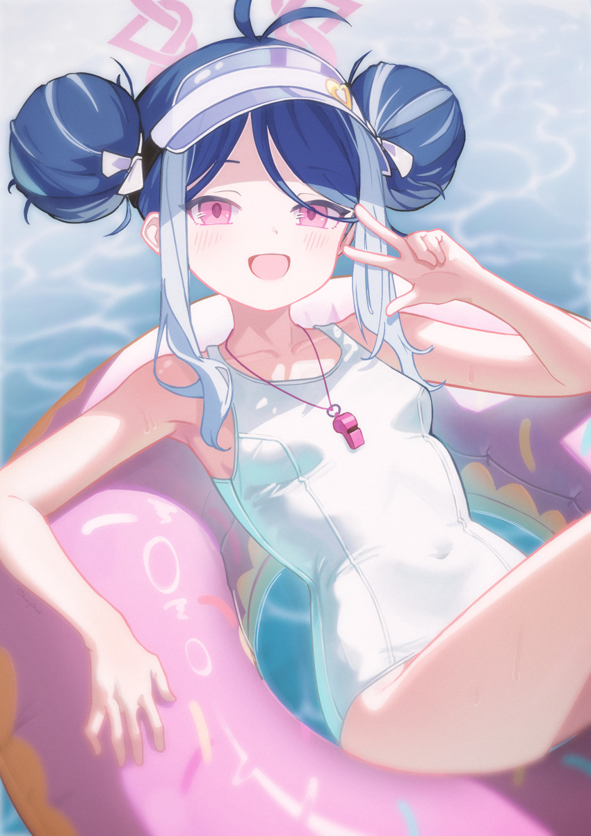 1girl, :d, absurdres, antenna_hair, blue_archive, blue_hair, breasts, commentary