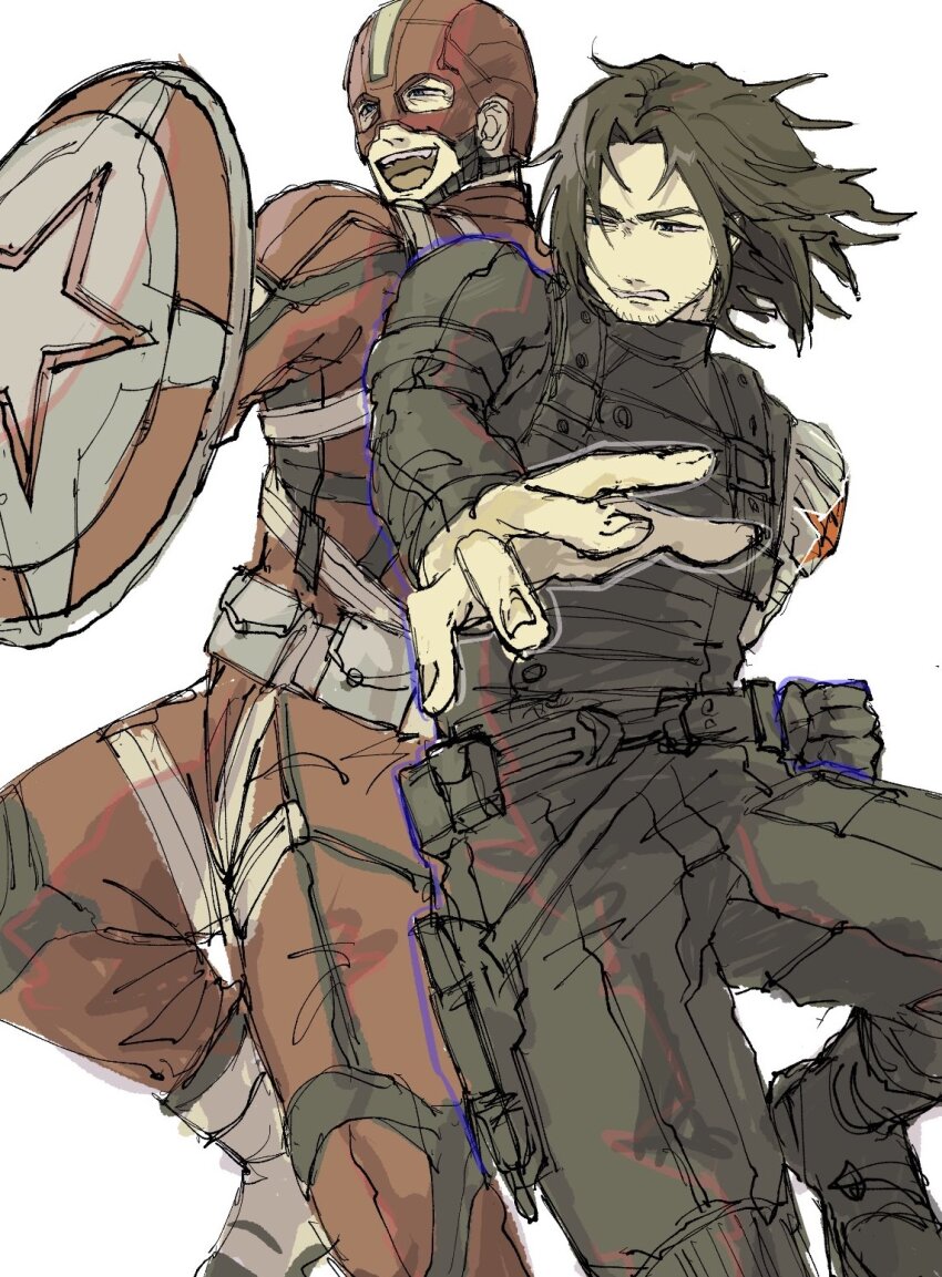 2boys, animification, belt, black_belt, black_bodysuit, black_boots, black_gloves, black_hair