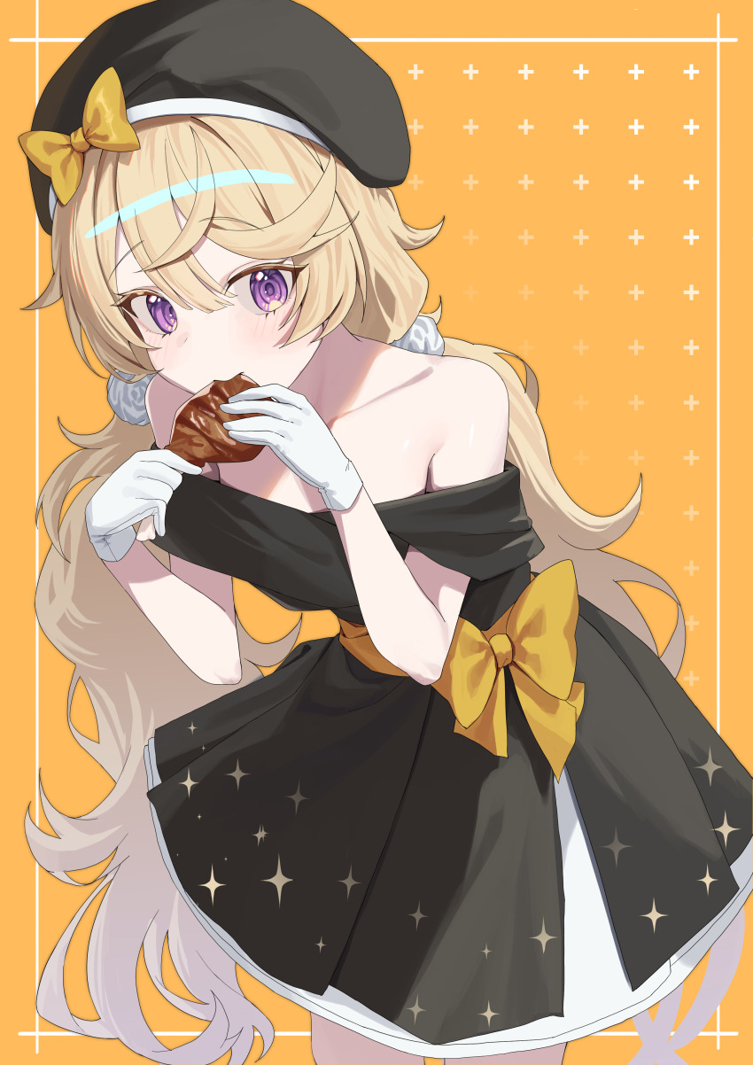 1girl, absurdres, alternate_costume, bare_shoulders, beret, black_dress, black_hat, blonde_hair