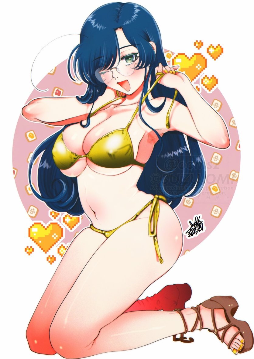 1girl, armpits, bikini, blue_hair, blush, breasts, filter-goshi_no_kanojo, gold_bikini