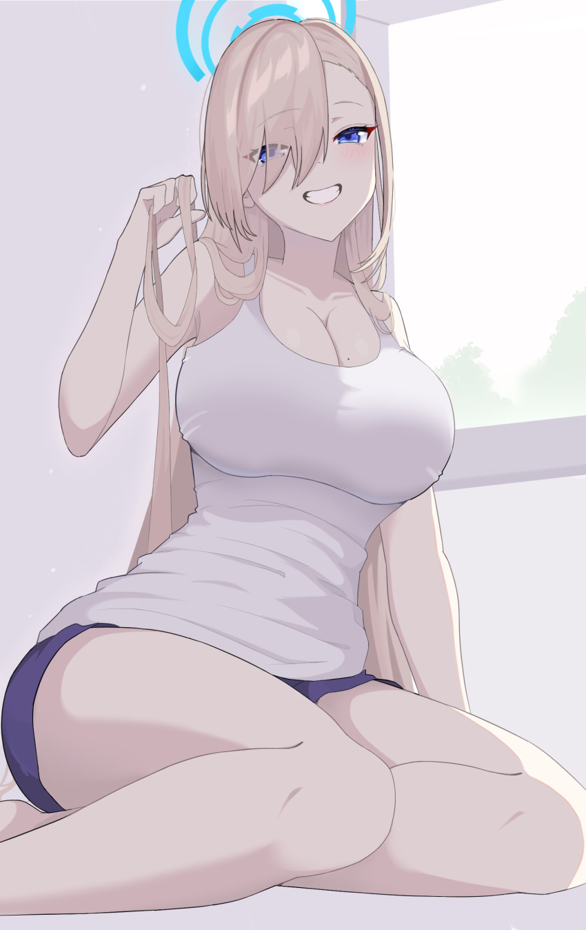 1girl, alternate_costume, aqua_halo, arm_support, asuna_(blue_archive), bare_legs, blonde_hair, blue_archive, blue_eyes, breasts, cleavage, collarbone, commentary_request, eyes_visible_through_hair, feet_out_of_frame, grin, hair_over_one_eye, halo, highres, holding, holding_own_hair, indoors, large_breasts, light_blush, long_hair, looking_at_viewer, maru_(wanshanzhi22623), mole, mole_on_breast, purple_shorts, shirt, short_shorts, shorts, sitting, sleeveless, sleeveless_shirt, smile, solo, teeth, very_long_hair, white_shirt, window, yokozuwari