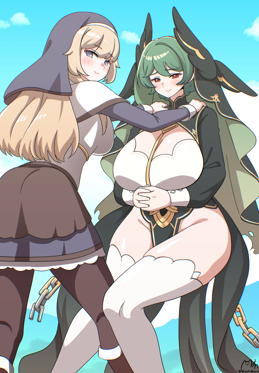 absurdres, blonde_hair, breasts, chain, curvy, green_hair, head_wings, highres