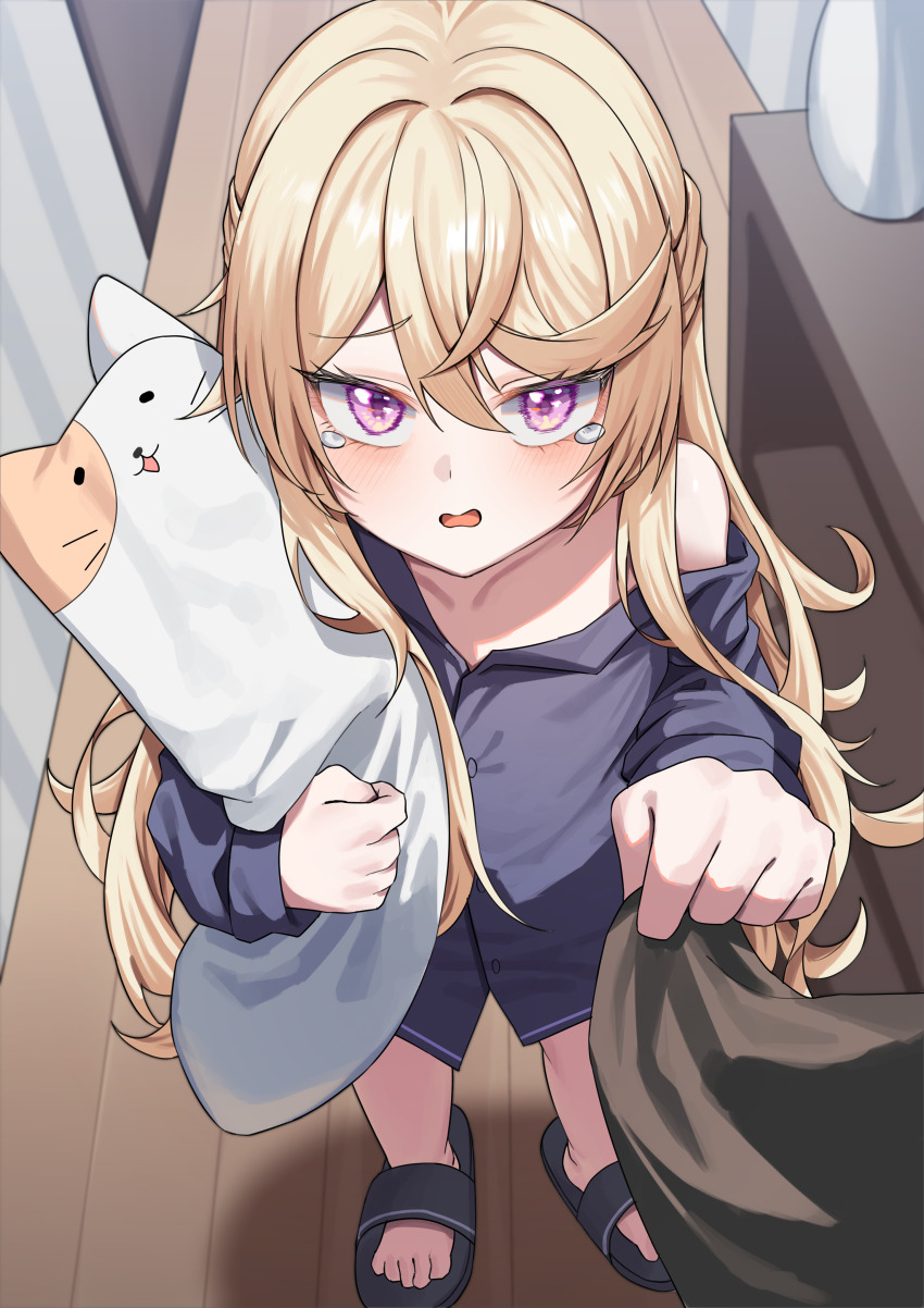 1girl, absurdres, blonde_hair, cat-shaped_pillow, clothes_tug, commentary, counter:side, felicette_(counter:side)