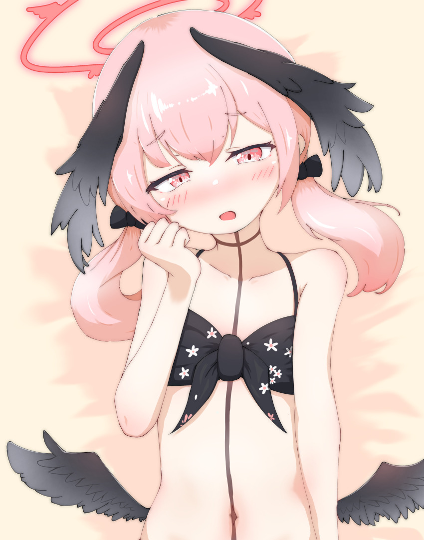 1girl, absurdres, angel, angel_wings, bikini, bird_wings, black_feathers, black_wings, blue_archive, blush, feathered_wings, feathers, flat_chest, halo, halterneck, head_wings, heart, highres, hirune_shitai4, koharu_(blue_archive), koharu_(swimsuit)_(blue_archive), loli, looking_at_viewer, low_wings, navel, nose_blush, open_mouth, pink_eyes, pink_hair, pink_wings, solo, striped_bikini, striped_clothes, swimsuit, twintails, upper_body, white_wings, wings