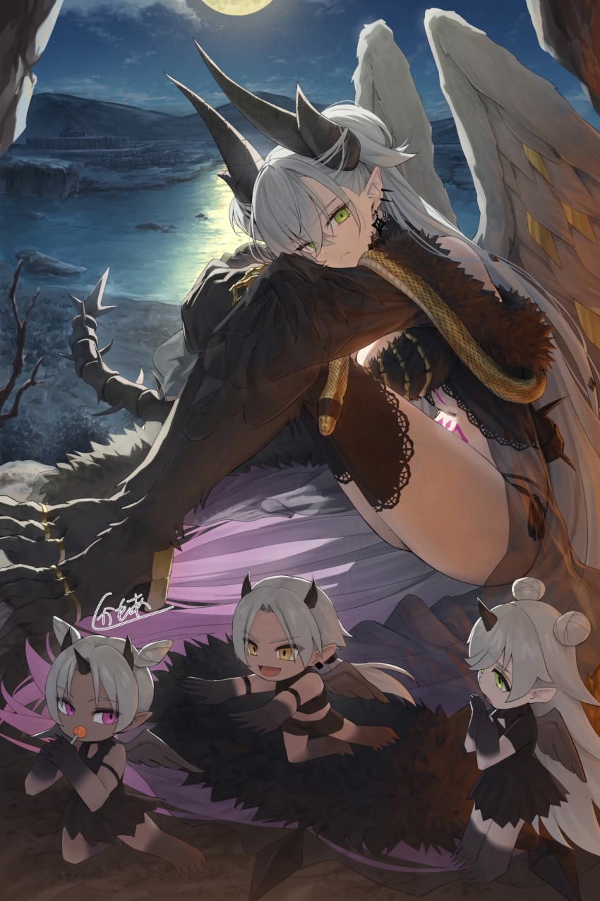 4girls, babydoll, bare_shoulders, black_babydoll, black_hands, black_panties, black_thighhighs, body_markings, breasts, cleavage, colored_extremities, crossed_bangs, demon_girl, demon_horns, detached_collar, drei_(fate), earrings, eins_(fate), fate/grand_order, fate_(series), feathered_wings, fur_trim, green_eyes, grey_hair, hair_between_eyes, highres, horns, jewelry, kamo_ashi, lace_trim, large_breasts, lilin_(fate), lilith_(fate), lilith_(third_ascension)_(fate), long_hair, long_sleeves, looking_at_viewer, multiple_girls, navel, night, panties, pointy_ears, puffy_long_sleeves, puffy_sleeves, skeletal_tail, sky, stomach_tattoo, tail, tattoo, thighhighs, underwear, very_long_hair, wings, zwei_(fate)