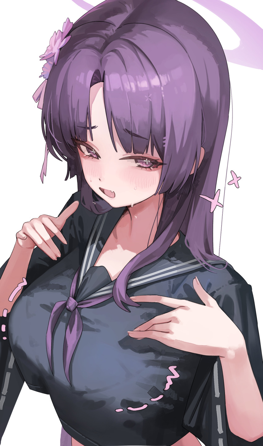 1girl, absurdres, alternate_costume, black_sailor_collar, black_serafuku, black_shirt, blue_archive, blush