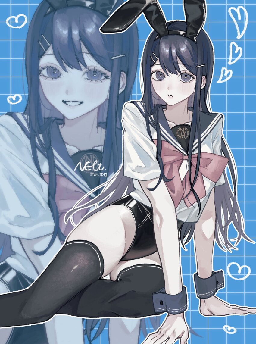 1girl, alternate_costume, animal_ears, black_leotard, black_sailor_collar, black_thighhighs, blue_background, bow