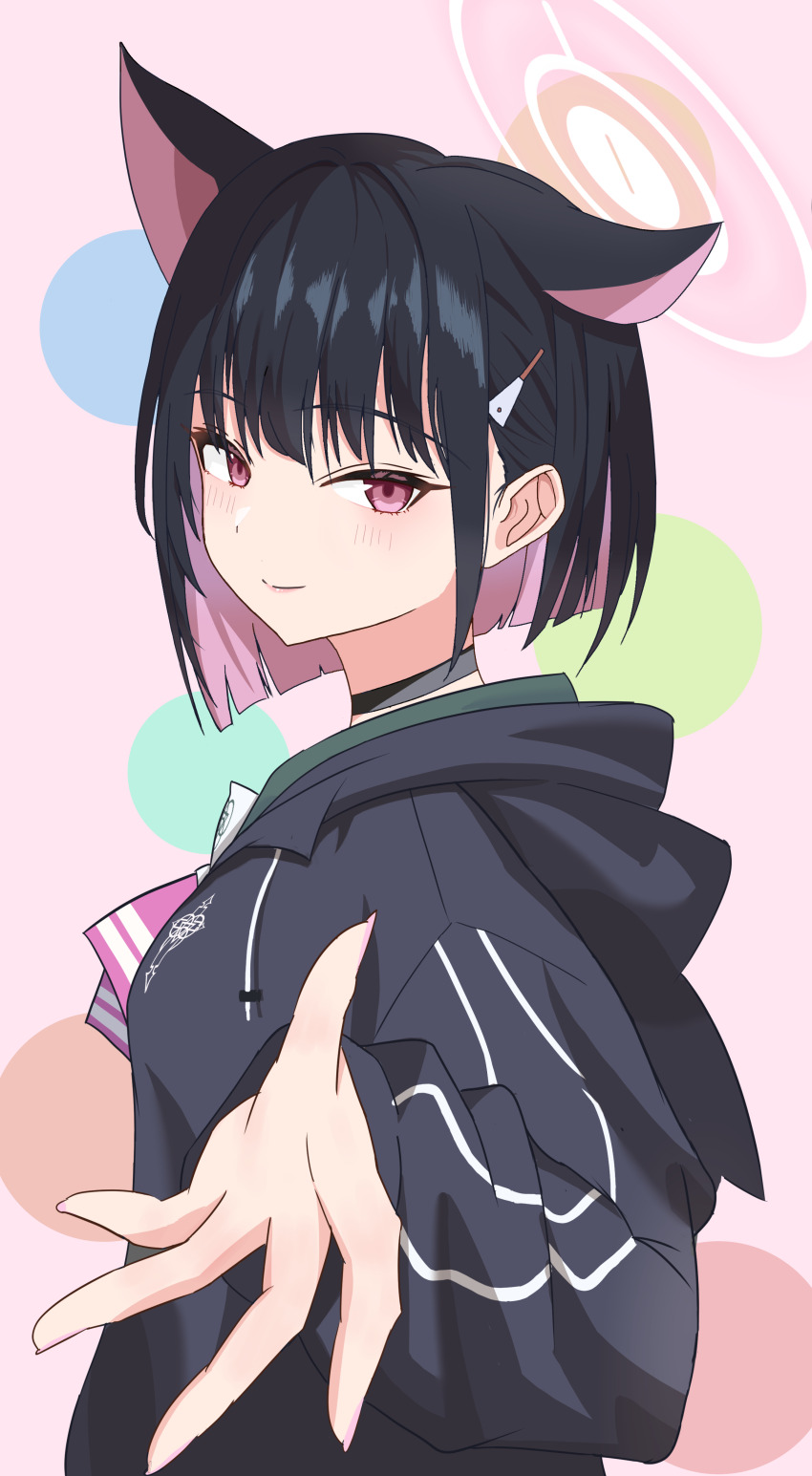 1girl, absurdres, animal_ears, black_choker, black_hair, black_hoodie, blue_archive, blunt_ends, cat_ears, choker, colored_inner_hair, commentary, drawstring, hair_ornament, hairclip, halo, highres, hood, hood_down, hoodie, kazusa_(blue_archive), light_blush, maru_(wanshanzhi22623), multicolored_hair, pink_eyes, pink_hair, pink_halo, pink_nails, reaching, reaching_towards_viewer, short_hair, simple_background, one_ear_down, smile, solo, tsurime, two-tone_hair, upper_body