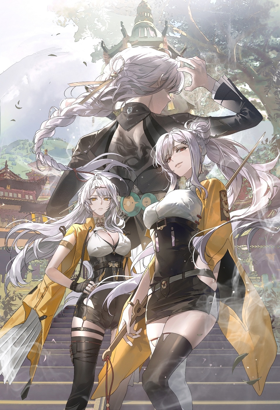 2girls, asymmetrical_legwear, black_gloves, black_thighhighs, breasts, cleavage, closed_mouth, ea_ateu, fingerless_gloves, floating_hair, gloves, grey_hair, highres, large_breasts, long_hair, long_sleeves, looking_at_viewer, mismatched_legwear, mole, mole_on_breast, mole_under_eye, multiple_girls, outdoors, ponytail, siblings, sisters, smile, standing, thighhighs, white_thighhighs, yixuan_(zenless_zone_zero), yijiang_(zenless_zone_zero), yixuan_(trails_of_ink)_(zenless_zone_zero), zenless_zone_zero