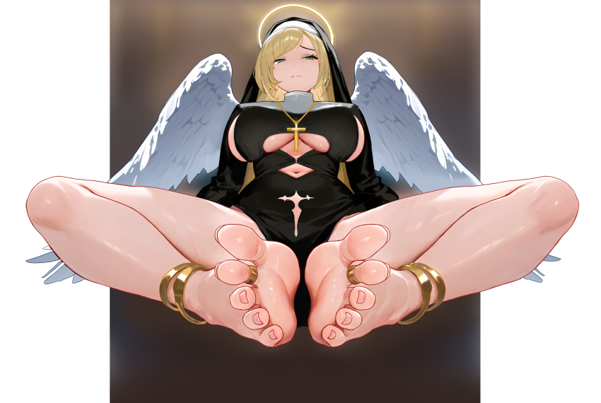 1girl, absurdres, angel_wings, anklet, barefoot, blonde_hair, breasts, feet, fu_nan_lao_bai_he_naicha, green_eyes, halo, highres, jewelry, long_hair, looking_at_viewer, mole, mole_under_eye, nun, soles, toes, wings