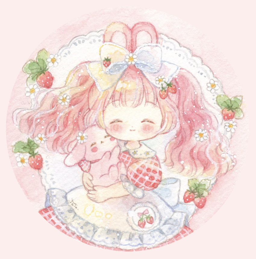 1girl, :3, animal, blush, bow, closed_eyes, dress, female_focus, flower, food, fruit, hair_bow, hair_flower, hair_ornament, highres, holding, holding_animal, holding_rabbit, original, painting_(medium), pastel_colors, pink_hair, puffy_sleeves, rabbit, rabbit_ears, rabbit_girl, short_sleeves, signature, solo, strawberry, tagme, tato_(kunikida-3), traditional_media, twintails, watercolor_(medium)