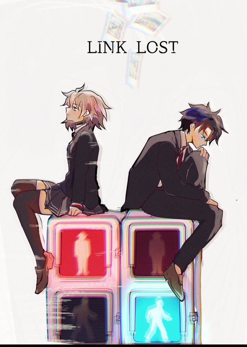 1boy, 1girl, back-to-back, black_hair, black_thighhighs, blue_eyes, chromatic_aberration, coccorope, digital_dissolve, fate/grand_order, fate_(series), fujimaru_ritsuka_(male), grey_hair, highres, id_(fate/grand_order), jeanne_d'arc_alter_(fate), necktie, pedestrian_lights, pseudo-tokyo_school_uniform, red_necktie, school_uniform, sitting, thighhighs