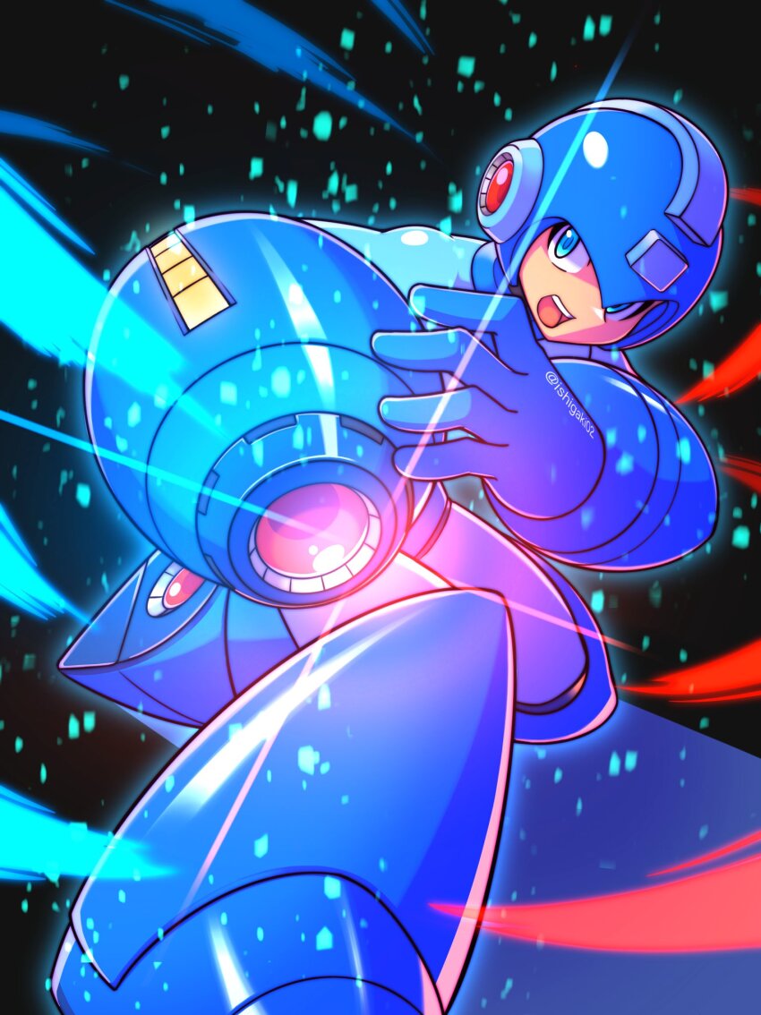1boy, arm_cannon, black_background, blue_bodysuit, blue_eyes, blue_helmet, bodysuit, energy_gun, full_body, hashtag-only_commentary, helmet, highres, ishigaki_(sora_roxas), male_focus, mega_man_(character), mega_man_(classic), mega_man_(series), mega_man_11, mega_man_day, solo, twitter_username, weapon