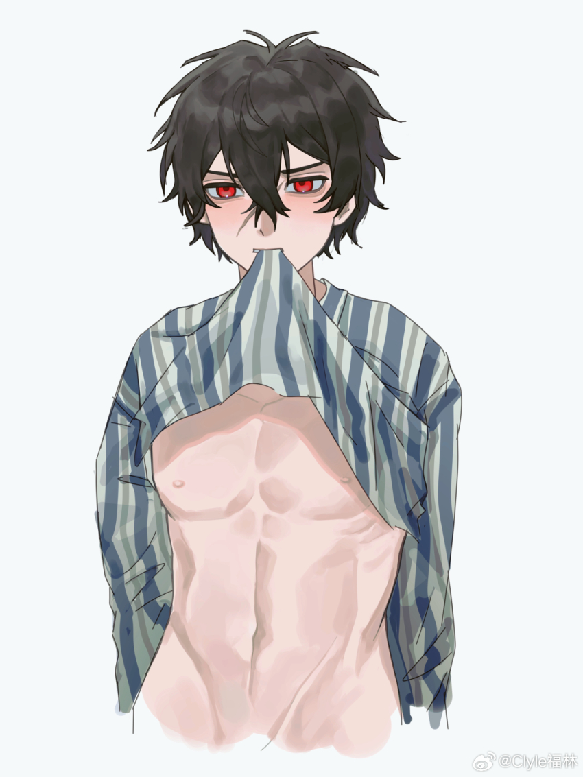1boy, abs, alternate_universe, benkebuhui, black_hair, blush, bottomless, chinese_commentary