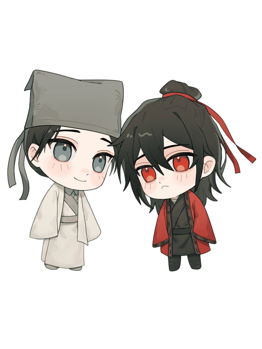 2boys, bandaged_chest, benkebuhui, black_hair, black_hanfu, black_shoes, blush, chibi