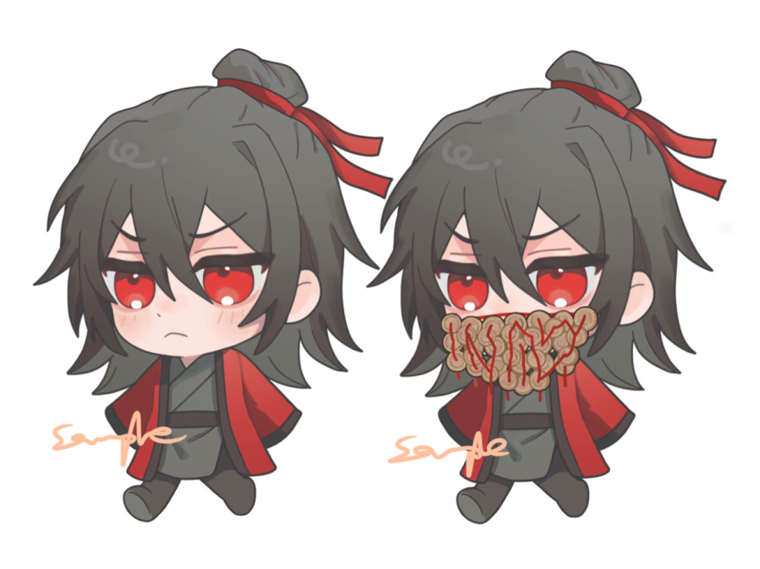 1boy, benkebuhui, black_hair, black_hanfu, black_pants, black_shoes, blush, chibi