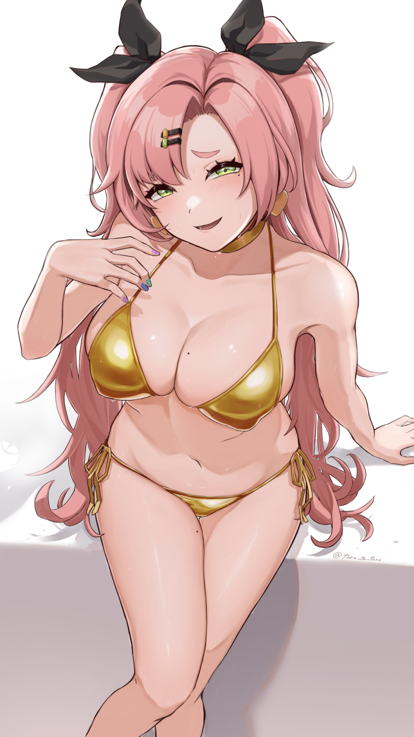 1girl, aqua_nails, bare_arms, bare_legs, bare_shoulders, bikini, black_ribbon, blue_nails, blush, breasts, cleavage, collarbone, commentary_request, covered_erect_nipples, earrings, feet_out_of_frame, fingernails, gold_bikini, gold_choker, green_eyes, grey_background, hair_ornament, hair_ribbon, hairclip, half-closed_eyes, halterneck, hand_up, heart, heart_earrings, highres, invisible_chair, jewelry, knees_together_feet_apart, large_breasts, long_hair, looking_at_viewer, mole, mole_on_breast, mole_on_thigh, mole_under_eye, multicolored_nails, nail_polish, navel, nicole_demara, parted_bangs, parted_lips, pink_hair, purple_nails, raised_eyebrows, ribbon, shadow, side-tie_bikini_bottom, sitting, smile, solo, stomach, string_bikini, sweat, swimsuit, tan, thigh_gap, turo_ta_turo, twintails, twitter_username, two-tone_background, two_side_up, very_long_hair, white_background, zenless_zone_zero