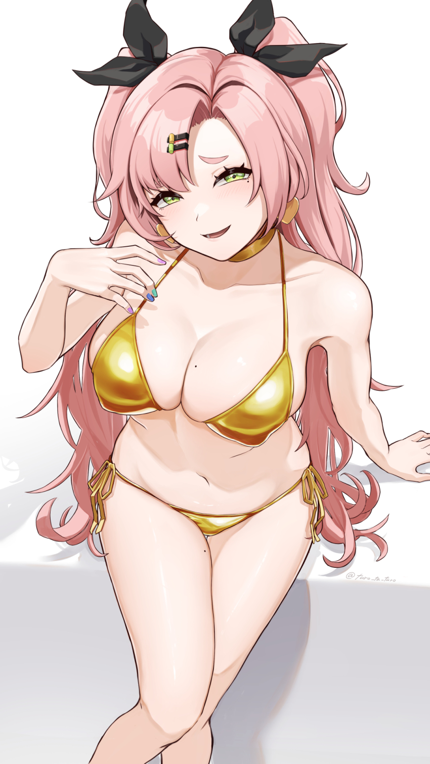 1girl, aqua_nails, bare_arms, bare_legs, bare_shoulders, bikini, black_ribbon, blue_nails, blush, breasts, cleavage, collarbone, commentary_request, covered_erect_nipples, earrings, feet_out_of_frame, fingernails, gold_bikini, gold_choker, green_eyes, grey_background, hair_ornament, hair_ribbon, hairclip, half-closed_eyes, halterneck, hand_up, heart, heart_earrings, highres, invisible_chair, jewelry, knees_together_feet_apart, large_breasts, long_hair, looking_at_viewer, mole, mole_on_breast, mole_on_thigh, mole_under_eye, multicolored_nails, nail_polish, navel, nicole_demara, parted_bangs, parted_lips, pink_hair, purple_nails, raised_eyebrows, ribbon, shadow, side-tie_bikini_bottom, sitting, smile, solo, stomach, string_bikini, swimsuit, thigh_gap, turo_ta_turo, twintails, twitter_username, two-tone_background, two_side_up, very_long_hair, white_background, zenless_zone_zero