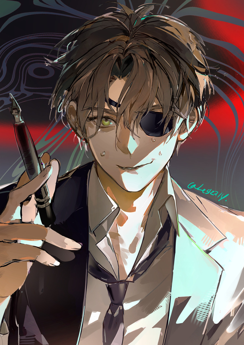 1boy, absurdres, baek_saheon, black_jacket, black_necktie, collared_shirt, eyepatch, green_eyes, grin, gwechul, highres, holding, holding_pen, jacket, male_focus, necktie, nib_pen_(object), one_eye_covered, pen, shirt, smile, solo, sweat, teeth, twice12314, twitter_username, upper_body, white_shirt