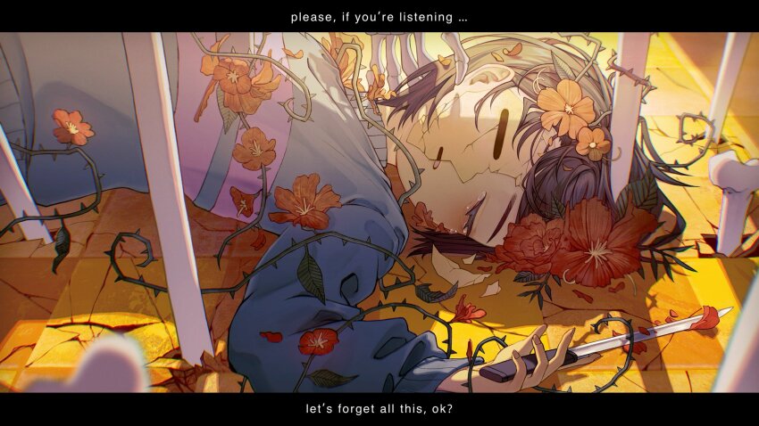 1boy, 1other, blue_sweater, bone, brown_hair, closed_eyes, cracked_skin, english_text, forut_dondon, frisk_(undertale), highres, holding, holding_knife, knife, lying, male_focus, on_back, parted_lips, sans_(undertale), short_hair, skeleton, skeleton_hands, solo_focus, sweater, undertale, utdr_(toby_fox)