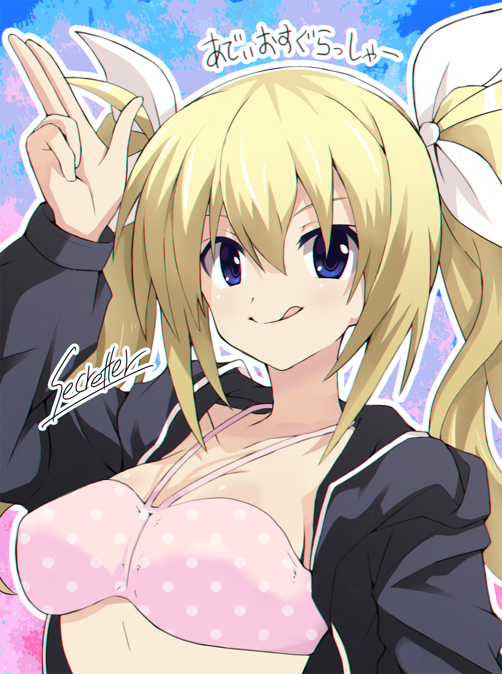 1girl, arimura_hinae, blonde_hair, blue_eyes, bow, bra, breasts, chaos;child