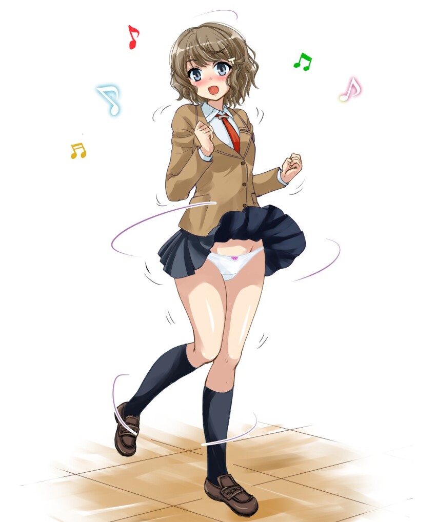 1girl, black_skirt, black_socks, blue_eyes, blush, bow, bow_panties, brown_hair