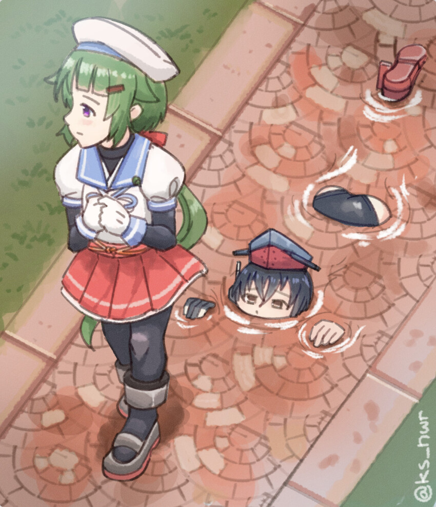 2girls, ass, black_pantyhose, blue_sailor_collar, gloves, green_hair, hat, highres, i-13_(kancolle), kantai_collection, layered_sleeves, long_hair, long_sleeves, low_ponytail, multiple_girls, nonsense, noumi_(kancolle), nwr, one-hour_drawing_challenge, pantyhose, partially_submerged, pleated_skirt, ponytail, purple_eyes, red_skirt, road, sailor_collar, sailor_hat, sailor_shirt, school_uniform, serafuku, shirt, short_over_long_sleeves, short_sleeves, skirt, swimming, twitter_username, undershirt, white_gloves, white_shirt